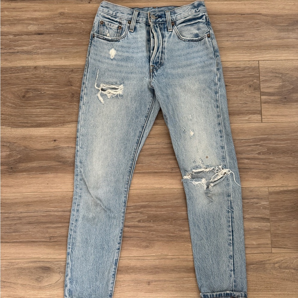 Classic Blue Boyfriend Jeans with Distressed Details